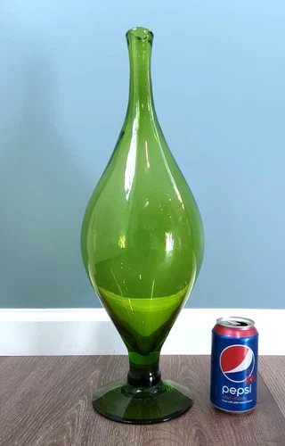 BLENKO Art Glass BIG # 6528 L Olive Green Footed Decanter Bottle JOEL MYERS MCM