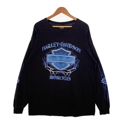 00's HARLEY-DAVIDSON Bar & Shield Long Sleeve T-shirt Blue Flame 2004 Copy Used