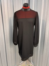 New Look Black Sequin Trim Shift Dress UK 14 Sheer Sleeve Party Evening
