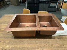 33"  Pure Hammered Copper Kitchen Sink Double Basin 16-Gauge Drop In