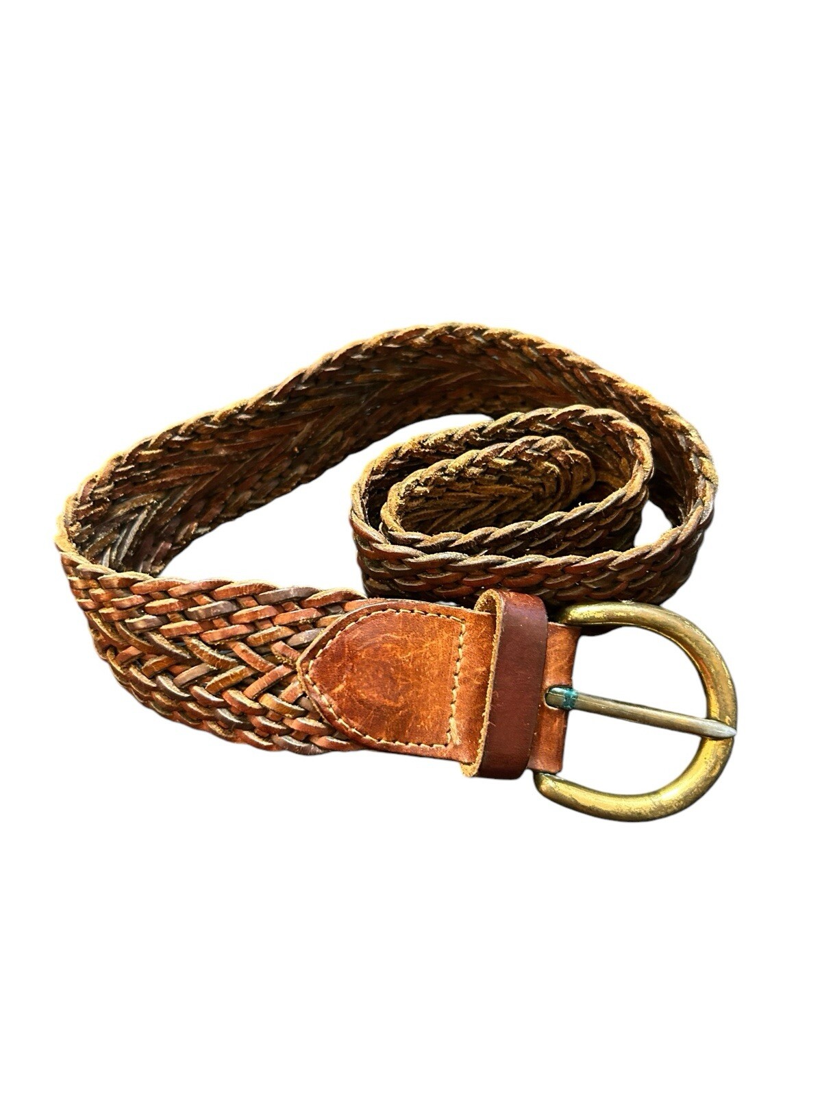 Vtg Fossil Genuine Leather Braided Belt Women Sz Small Brown Gold 32” Western