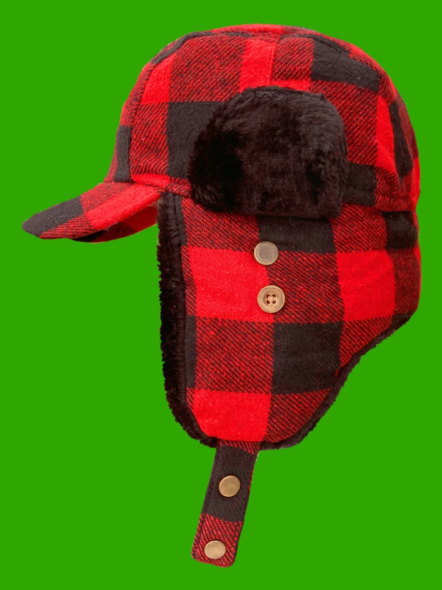 Elmer Fudd Hat Ear-Flaps Red-Black Wool Buffalo Plaid Check SMALL