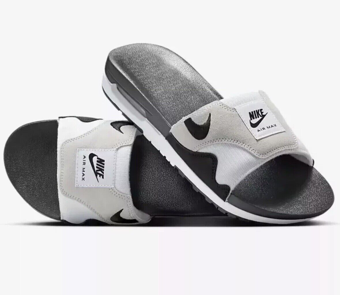 NIKE AIR MAX 1 SLIDES Sz 9 BLK-GREY-WHTE SANDALS FLIP FLOPS