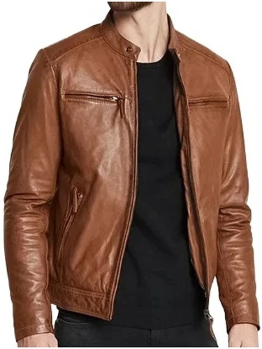 Leather Jacket Men's Biker Motorcycle Style Men Sheep Skin Racer Soft Tan 46 - product listing photo
