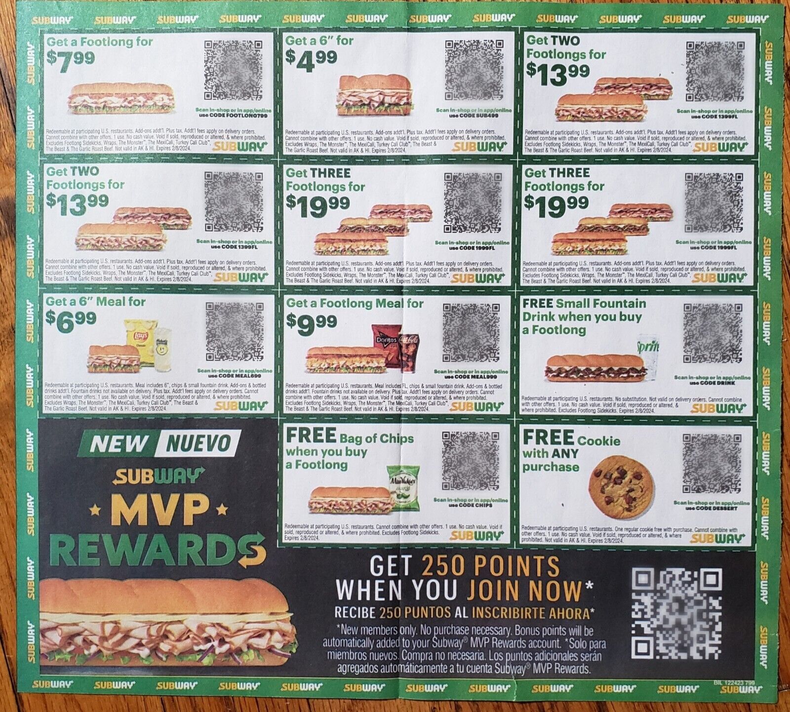 84 Subway Cupons 6 Sheets Exp Feb 2/08/24 Valid Nationwide Ships