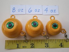 9 PCS. FLUKE EAR BALL JIGS W/EYE SOCKET #1 SWIVEL/MUSTARD 8, 6, 4 OZ. 3ea.