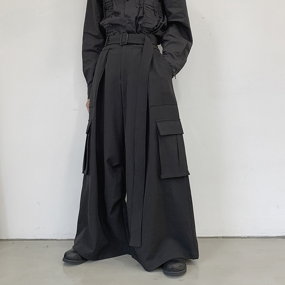 two tuck belt hakama wide slacks ブラック系 M Hakama pants with Detachable Skirt 