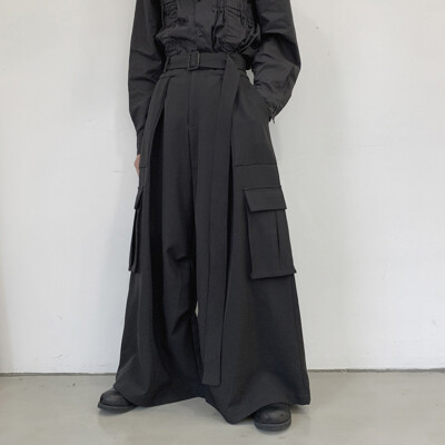 Mens High Waisted Wide Leg Pants Loose Gothic Pocket Kendo