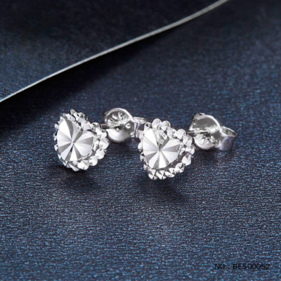 Pure Solid Platinum PT950 Women Girls Lucky Heart Carved Stud Earrings 1.5-1.7g