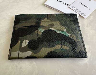 NWT COACH CAMO GREEN/BLUE LEATHER FLAT CARD CASE C6390 | eBay