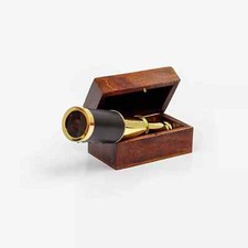 Vintage 6" inch Handheld Brass Telescope with Wooden Box - Pirate Navigation.