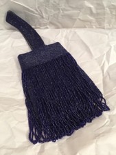 Antique Victorian Cobalt Blue Glass Beaded Crocheted Fringed Flapper Purse