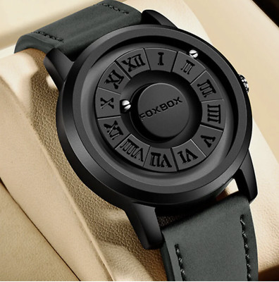 FOXBOX by Lige Magneto Quartz Magnetic Watch with Black Leather Strap