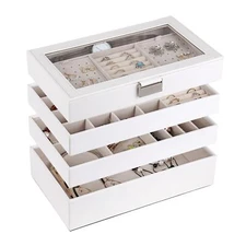 White 4 Tier Jewelry Tray Stackable Jewelry Box Organizer Kendal with Glass Lid