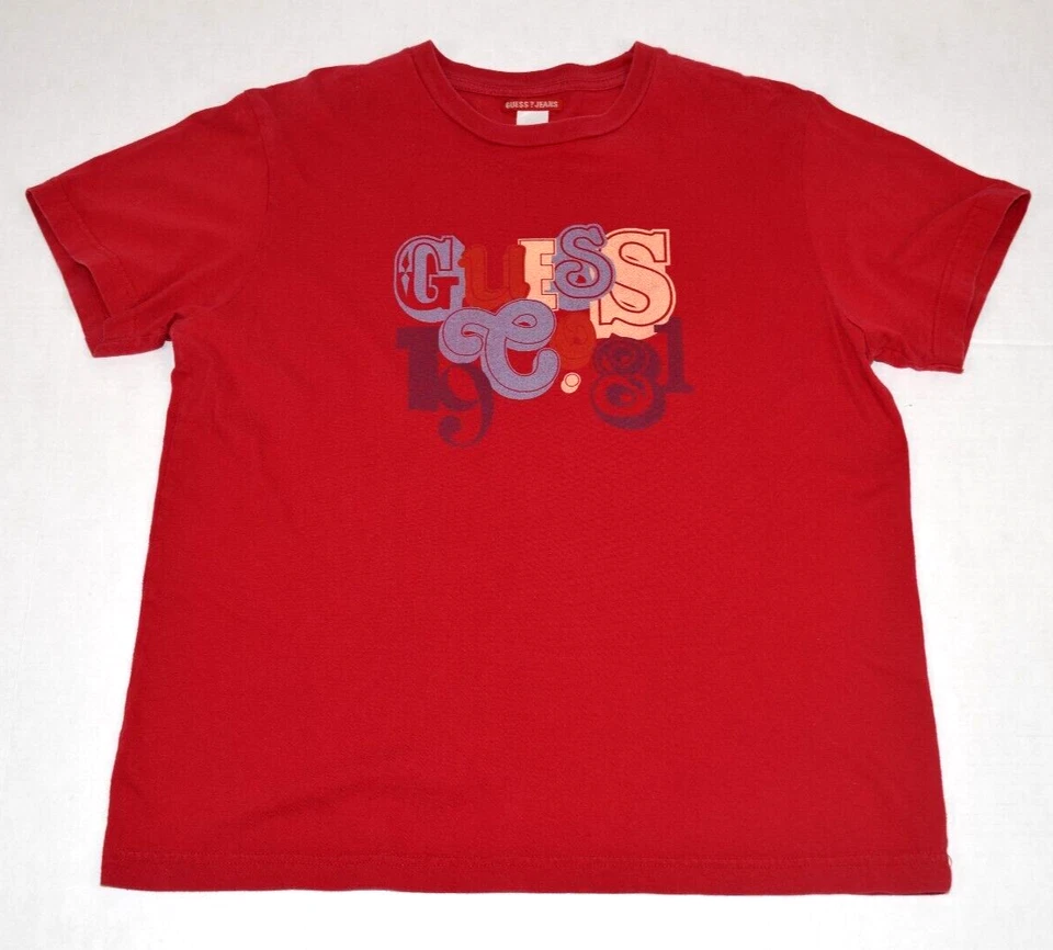 Camiseta Vintage Guess Jeans Talla M/L80s 90s Rojo Carmín Guess Detalle Delantero Trasero Foto 2 de 4