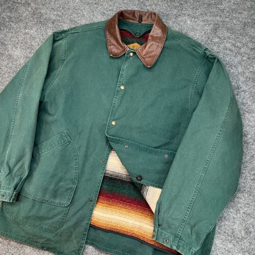 Woolrich Mens XL Vintage Barn Chore Jacket Wool Lined Leather Collar Canvas Coat
