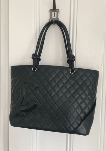 Chanel CC Cambon Black Quilted Leather Large Tote Handbag. Pink Lining
