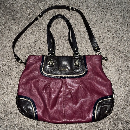 Coach Magenta Red Choco Brown Gold Leather Ashley Satchel Tote #17096