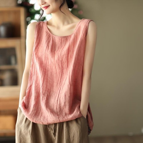 Womens Cotton Linen Summer Tank Vest Shirt Sleeveless O Neck Tops Cami Blouse - Picture 3 of 10