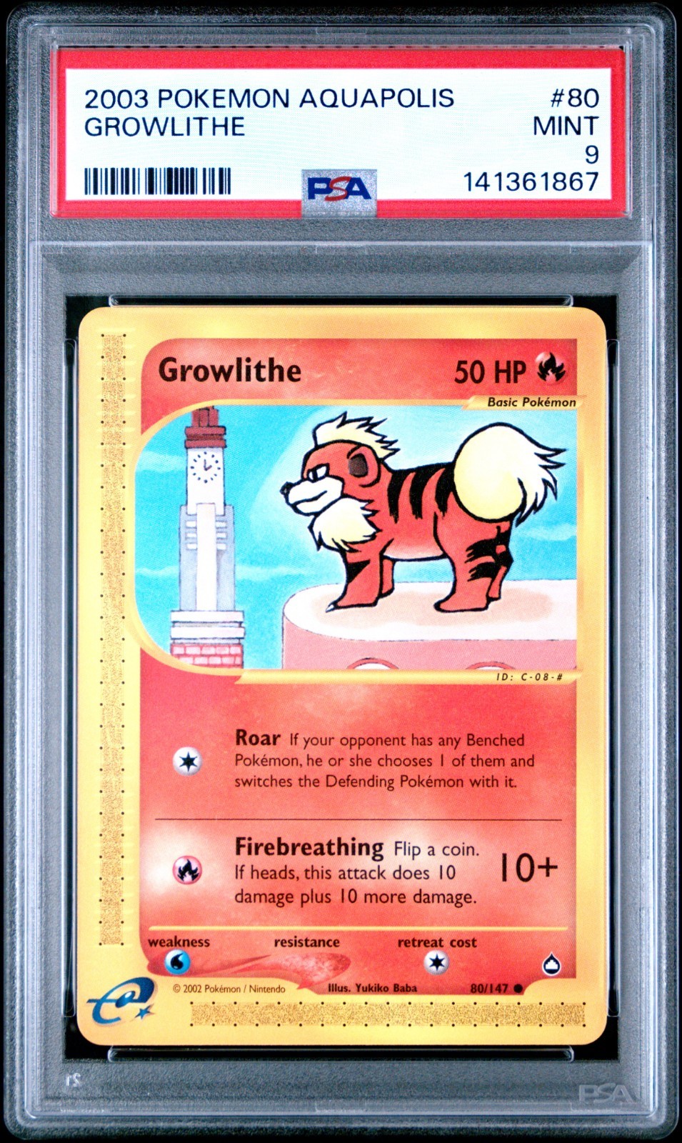 Pokemon PSA 9 Growlithe 080/147 Aquapolis Common 2003 eReader Low Pop