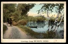 Postcard Greetings from Huron, Ohio, Horse Drawn Carriage by River