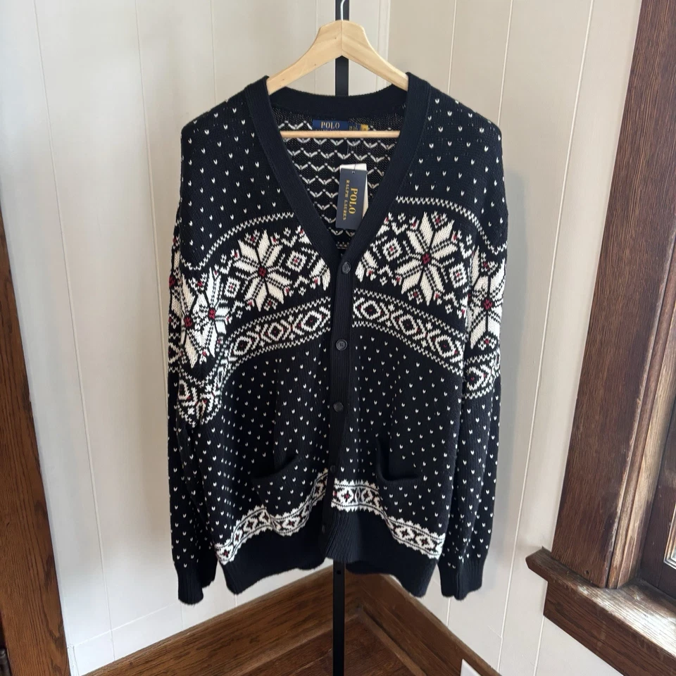 Polo Ralph Lauren Nuevo con Etiquetas Copo de Nieve Negro Algodón Cachemira Fair Isle Cárdigan Hombres 3XB Foto 2 de 4