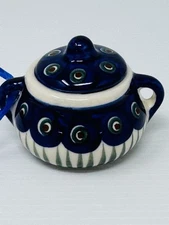 Polish Pottery Miniature Soup Tureen Bowl Peacock Blue Pattern Ornament