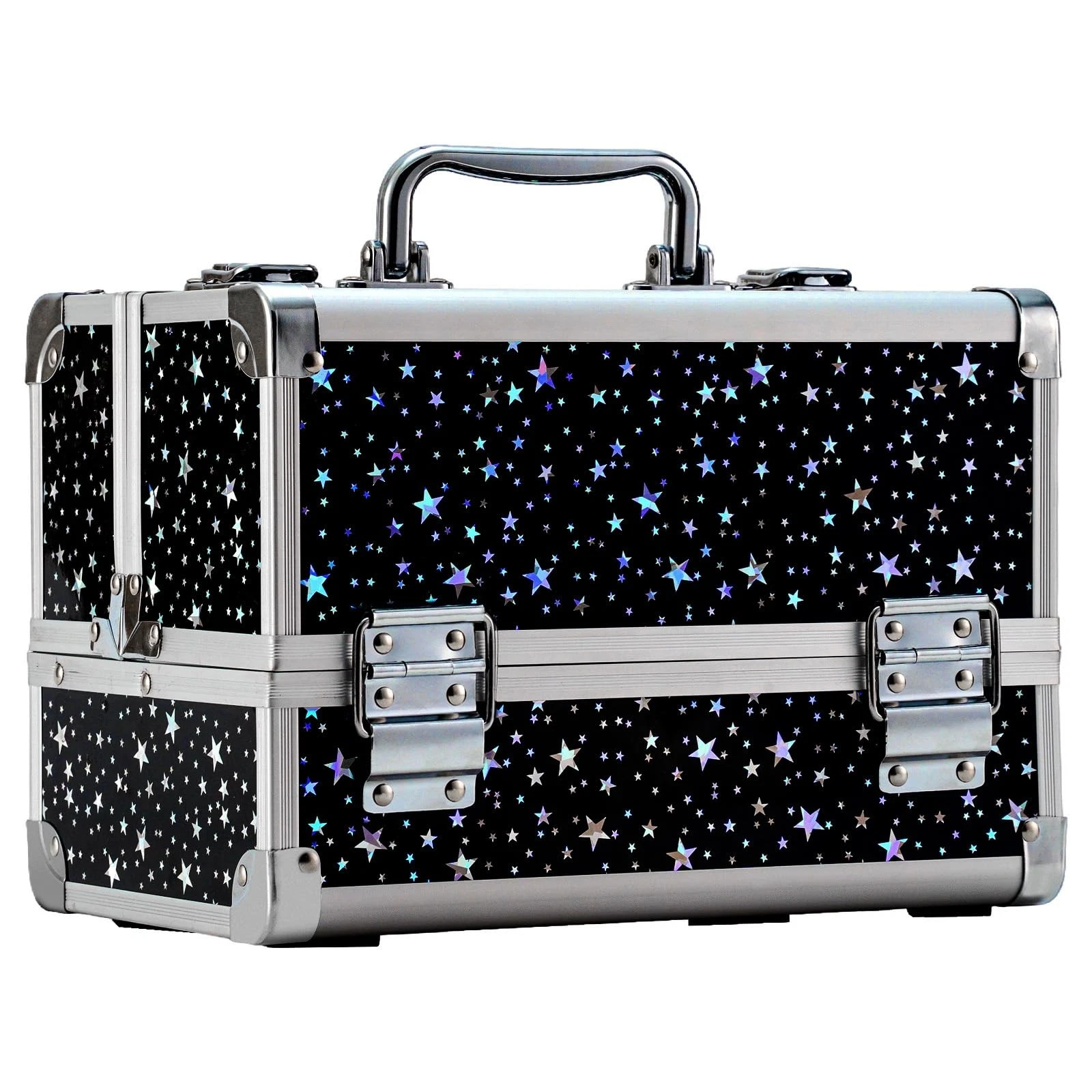 Makeup Train Case with Mirror, 2-Tray Portable Cosmetic Organizer for Nail Tech