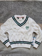 NEW Wilson Girls' V-Neck Cable Knit Tennis Sweater - White/Green - Size S 6/6X