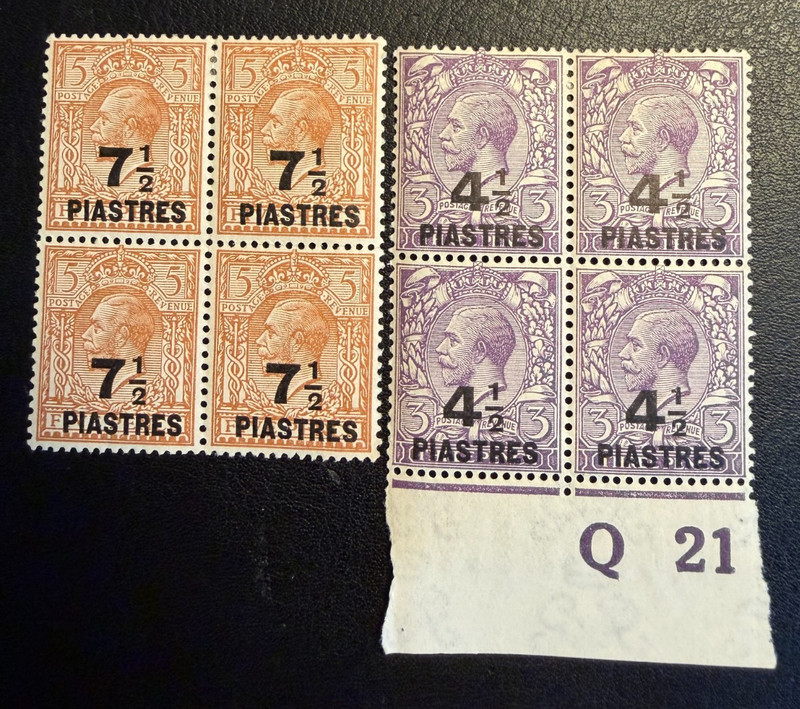 1921 British Levant King George V Piastres Stamps 2 Blocks of 4 Q21 Control MNH