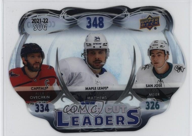 Auston Matthews, Alex Ovechkin, Timo Meier #CCL-MMO Hockey Cards 2022 Upper Deck Clear Cut Leaders trading card — raw and PSA graded price guide