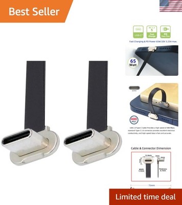 65W USB C Short Flat Cable 75mm - Tangle-Free 90° Angled Design & Data Transfer