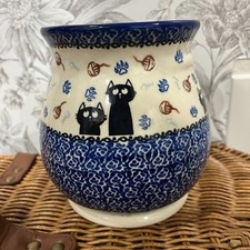 Cat Art Polish Pottery Yarn Vase Ceramika Bona Boleslawiec Poland Handmade Blue