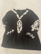 Karen Kane Cotton Tunic Top Black / White Embroidery NWOT