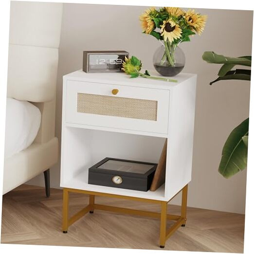 Rattan Nightstand，Modern Farmhouse Bedside Table with Storage Drawer and Shelf