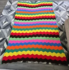 Large! Vintage Crochet Granny Zig Zag Afghan Blanket Throw Rainbow Chevron 68x93