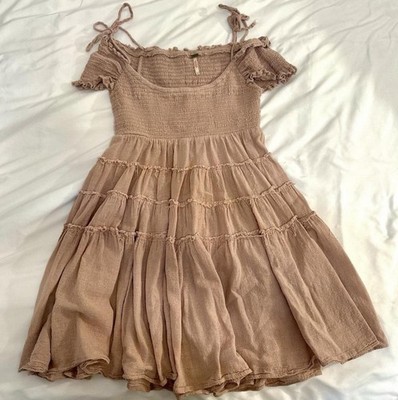 Free People Pink Solid Smocked Square Neck Tiered Ruffle Mini Dress XS