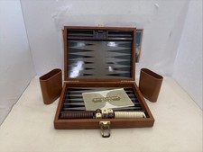 Vintage Travel Backgammon Set Wood Case Folding Game Complete w Dice Cups Rules