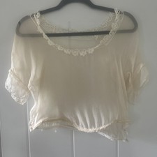 Antique Edwardian Sheer Chiffon Short Sleeve Blouse Lace Trim Snap Side  Flaws