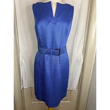 Tahari Arthur S Levine Blue Textured Sheath Dress V Neck Belted Size 8
