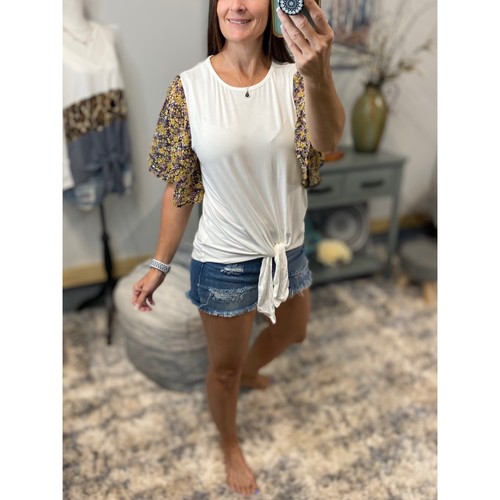 Floaty Top Medium Yellow Floral Round Neck Sheer Sleeves Boho Festival Peasant - Picture 5 of 5