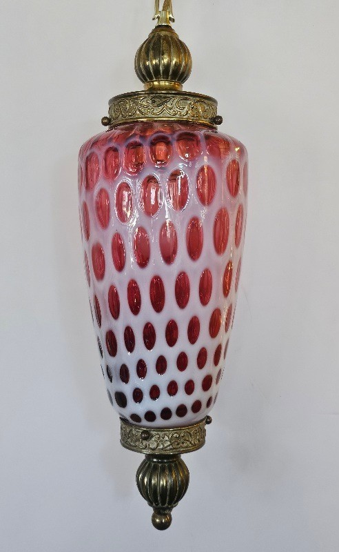 WORKING Vintage Fenton Cranberry Opalescent Coin Dot Hanging Lamp w/ 12' Chain