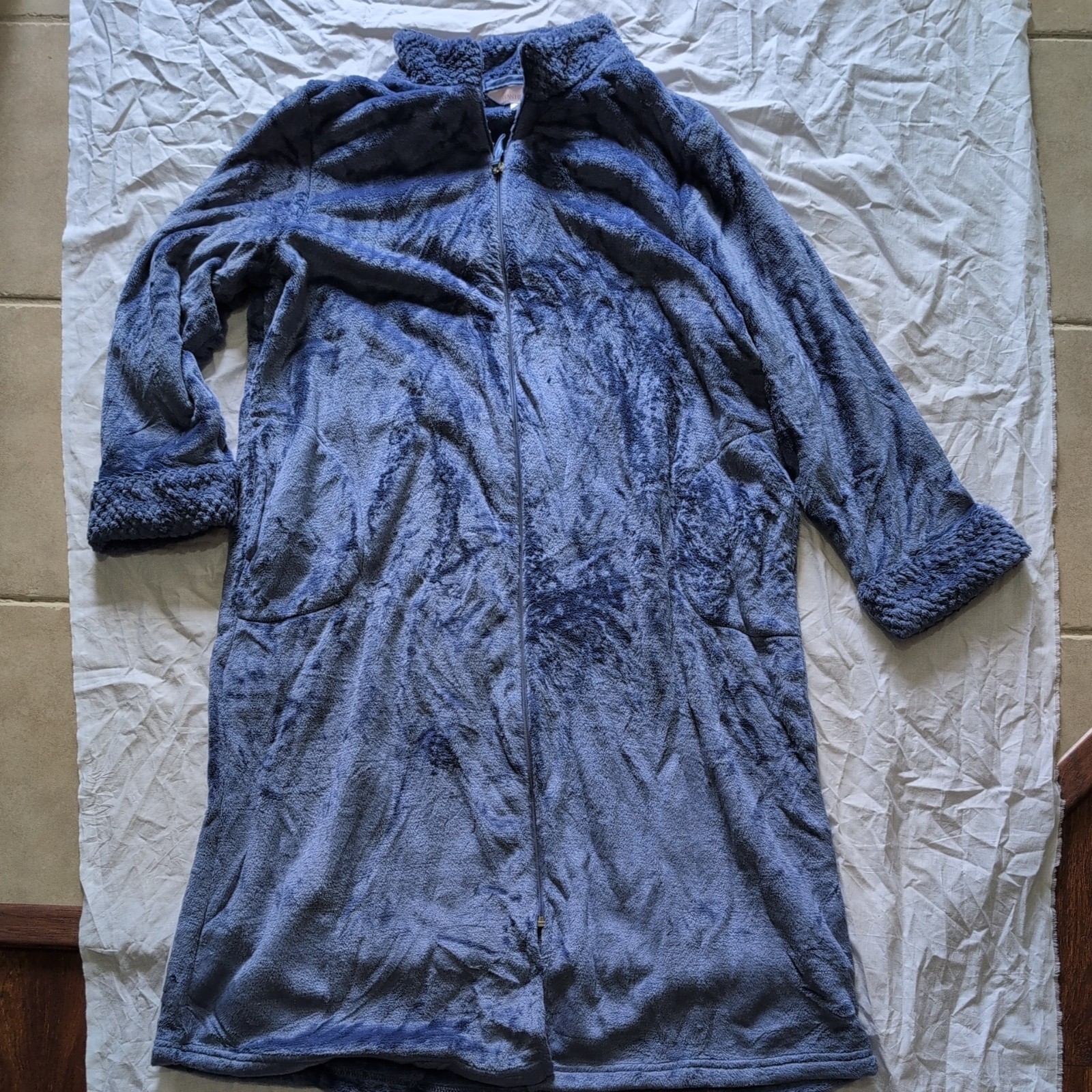 Stan Herman Women's Zip Up Robe Plush Bathrobe Lounge - Large - Sapphire