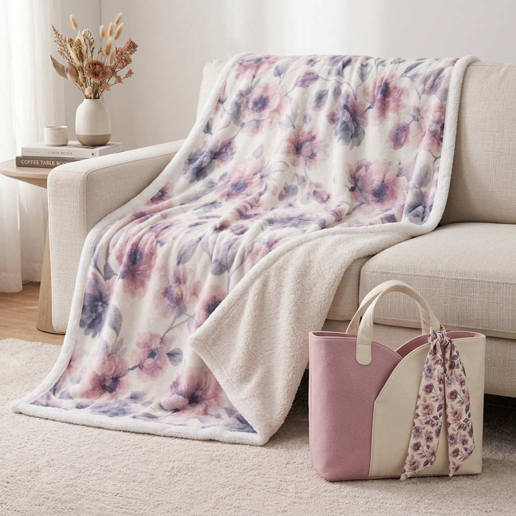 Roselia Floral Lamb Plaid 130x160 con bolsa de fieltro rosa