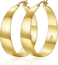 10mm Wide 925 Sterling Silver Hoop Earrings, 14K Real Gold Plated, 40mm Size