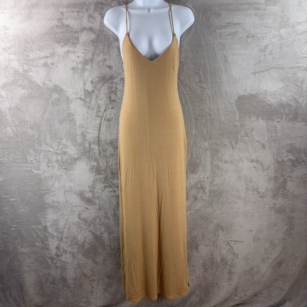 Revolve NBD Slip Maxi Dress Womens Size XS Gold Spaghetti Strap Bodycon