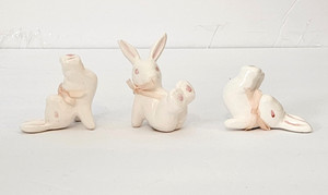 3 Vintage Small Ceramic Tumbling Bunny Rabbits ~ White & Pink ~ Made ROC Taiwan