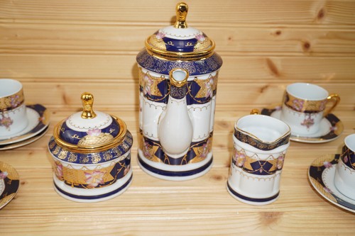 Coffee Tea Set Cobalt Gold Pink Demitasse Pot Creamer Sugar 5 Cup & Saucer (S1) - Picture 15 of 20