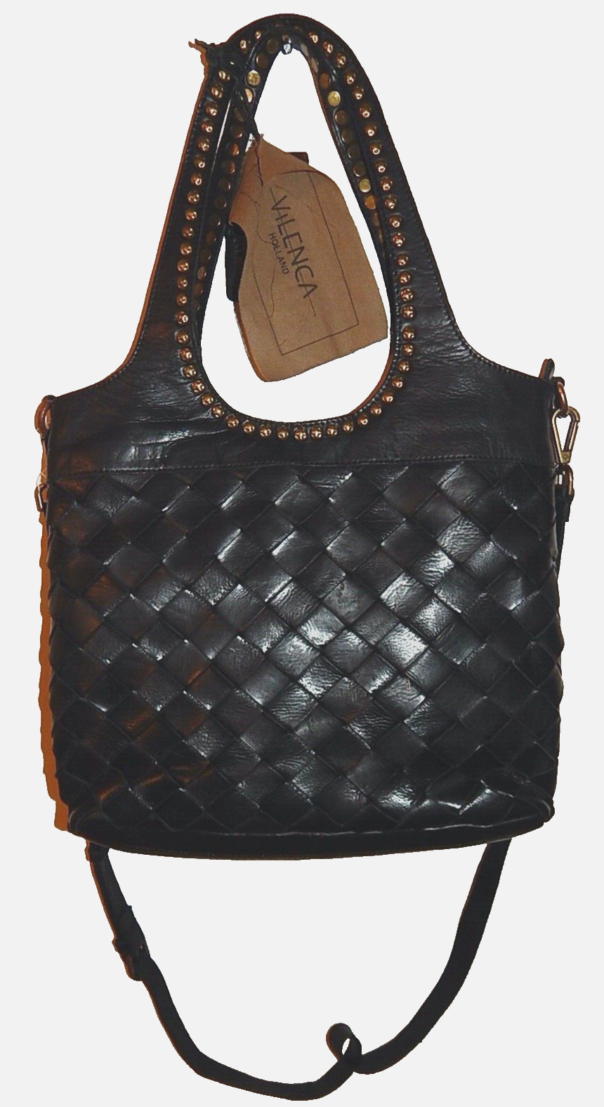 Vilenca Holland Black Genuine Leather Studded Shoulder Tote Purse New Authentic