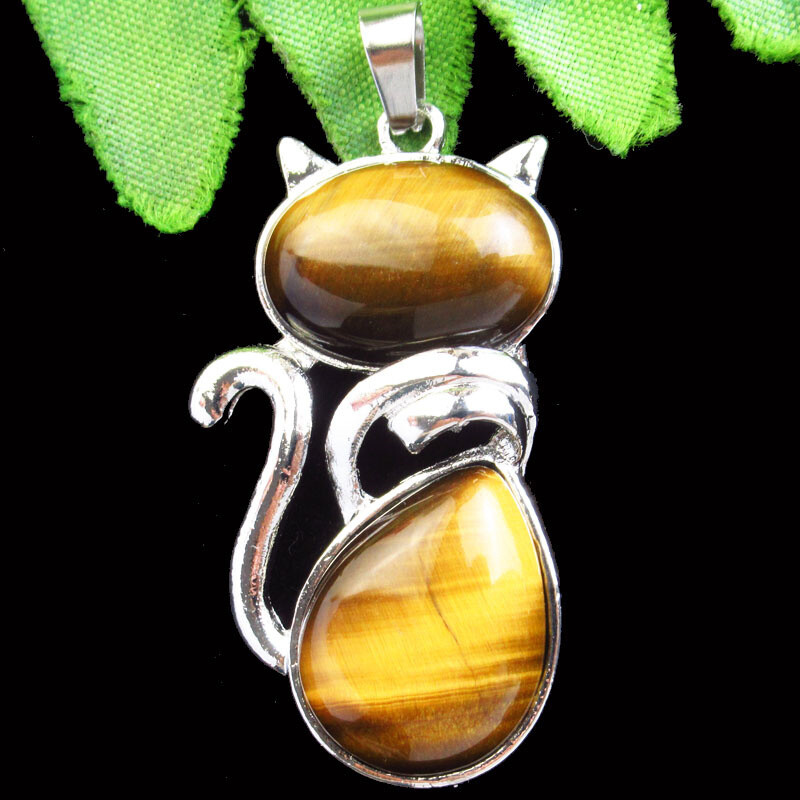 45x25x6mm Yellow Tiger Eye Gem Tibetan Silver Cat Pendant Bead FH01945